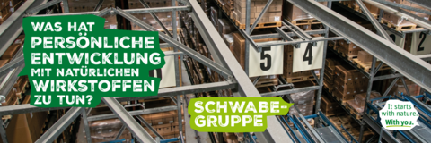 Das Bild zeigt ein Hochregallager in innen. In einer großen Sprechblase wird gefragt "Was hat persönliche Entwicklung mit natürlichen Wirkstoffen zu tun?". Die Antwort darauf lautet "Schwabe-Gruppe".